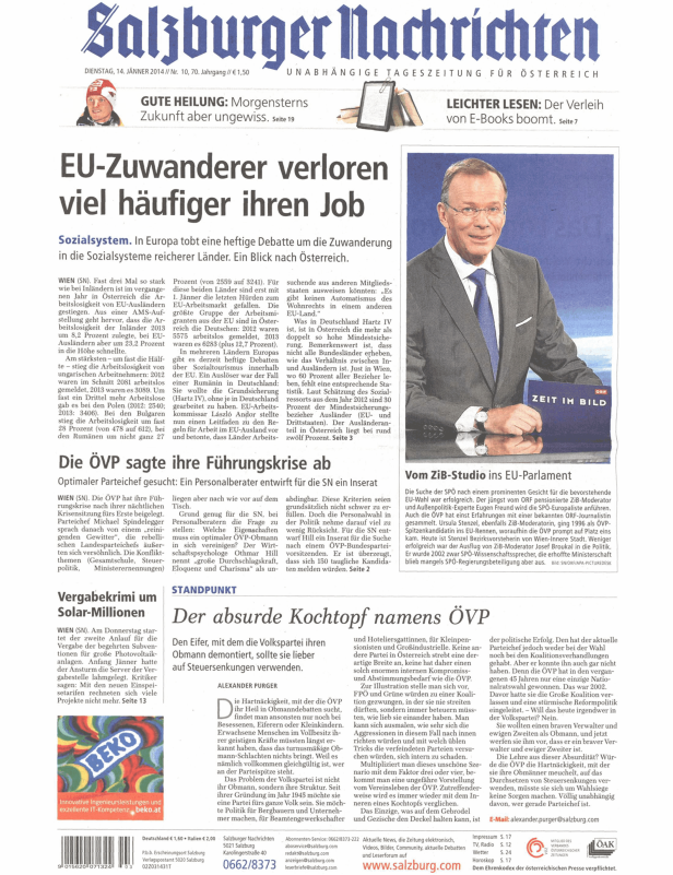 Titelseite der Salzburger Nachrichten vom 14. Jänner 2014.