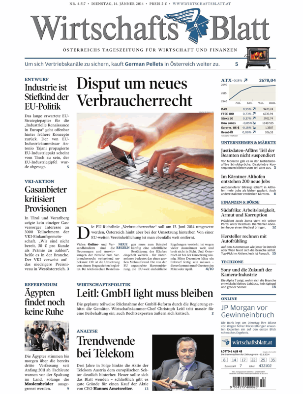 Titelseite des Wirtschaftsblatt vom 14. Jänner 2014.