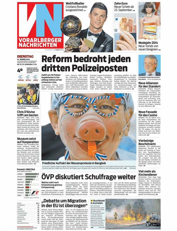 Titelseite der Vorarlberger Nachrichten vom 14. Januar 2014.