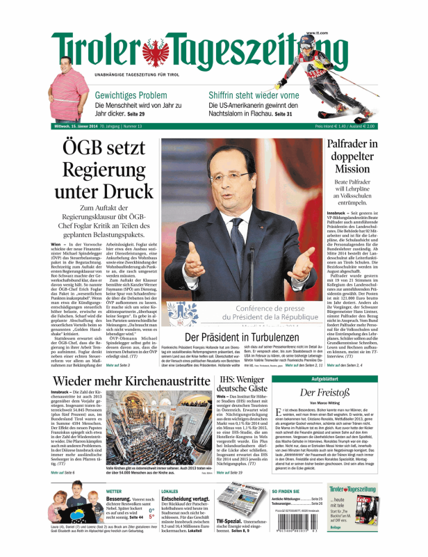 Titelseite der Tiroler Tageszeitung vom 15. Jänner 2014.