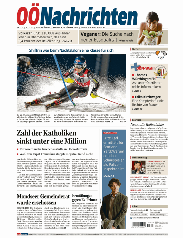 Titelseite der Oberösterreichischen Nachrichten vom 15. Jänner 2014.