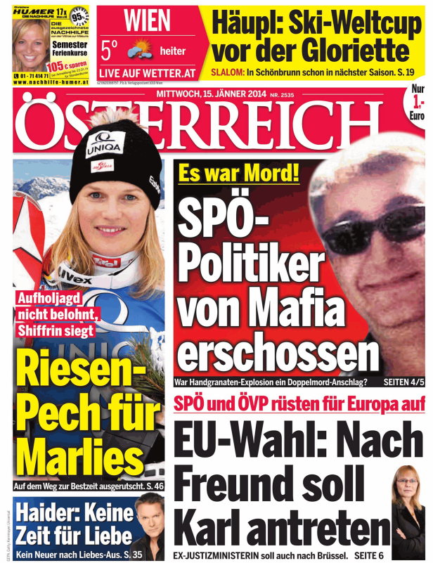 Titelseite der österreichischen Zeitung vom 15. Jänner 2014.
