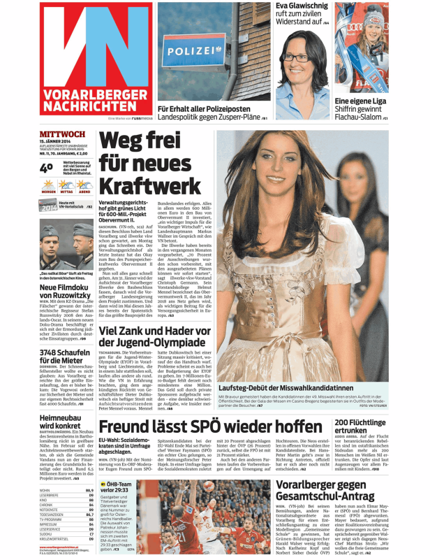 Titelseite der Vorarlberger Nachrichten vom 15. Jänner 2014.