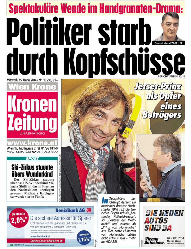 Titelseite der „Kronen Zeitung“ vom 15. Jänner 2014 mit Artikeln über einen toten Politiker und einen Jetset-Prinzen.
