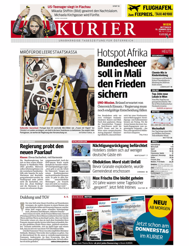 Titelseite des Kurier vom 15. Jänner 2014 mit verschiedenen Artikeln und Schlagzeilen.
