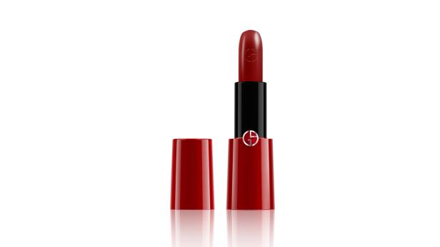 Ein geöffneter, roter Lippenstift der Marke Giorgio Armani.