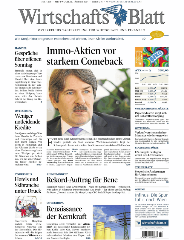 Titelseite des „WirtschaftsBlatt“ vom 15. Jänner 2014.