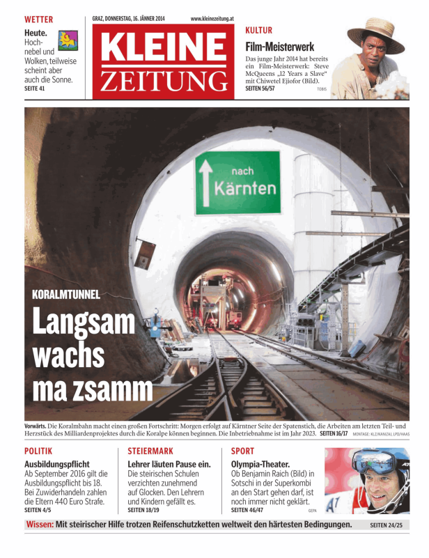 Blick in den Koralmtunnel mit einem Wegweiser nach Kärnten.