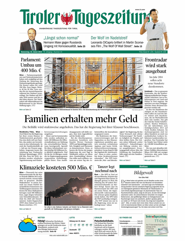 Titelseite der Tiroler Tageszeitung vom 16. Jänner 2014.