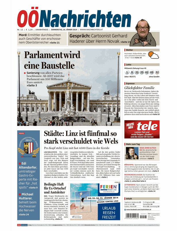 Titelseite der OÖNachrichten vom 16. Jänner 2014 mit dem Titel „Parlament wird eine Baustelle“.