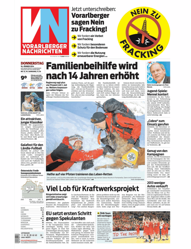 Titelseite der Vorarlberger Nachrichten vom 16. Jänner 2014 mit Artikeln zu Familienbeihilfe und Fracking.