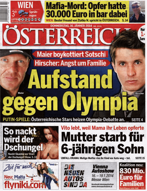 Titelseite der österreichischen Zeitung „Österreich“ vom 16. Januar 2014.