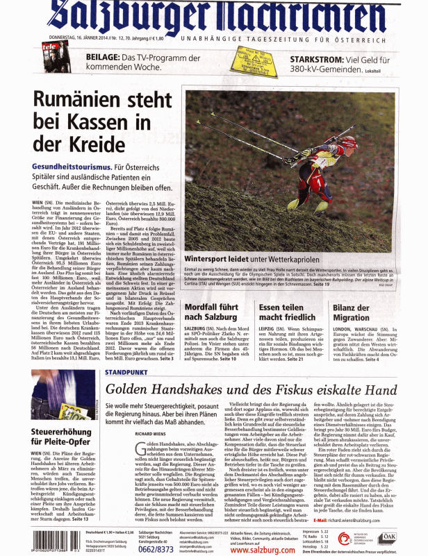 Titelseite der Salzburger Nachrichten vom 16. Jänner 2014.