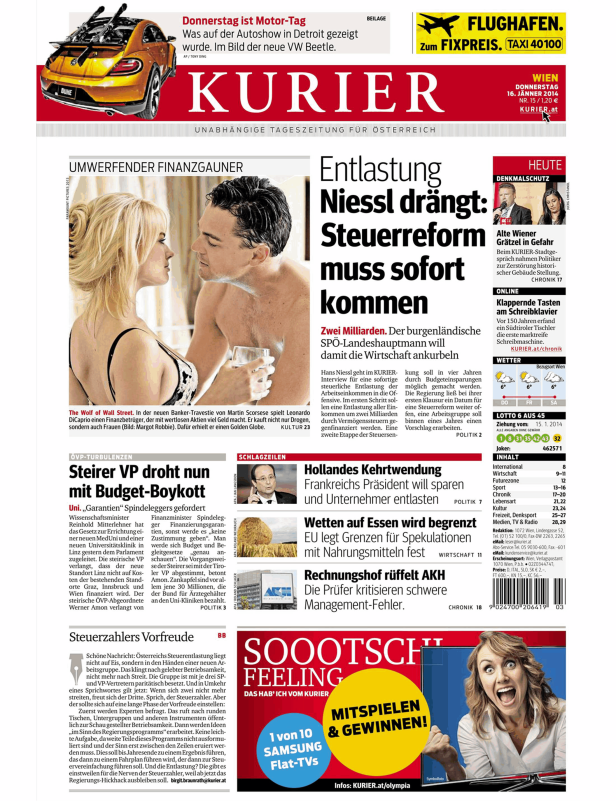 Titelseite der Zeitung „Kurier“ vom 16. Jänner 2014 mit Artikeln zu verschiedenen Themen.