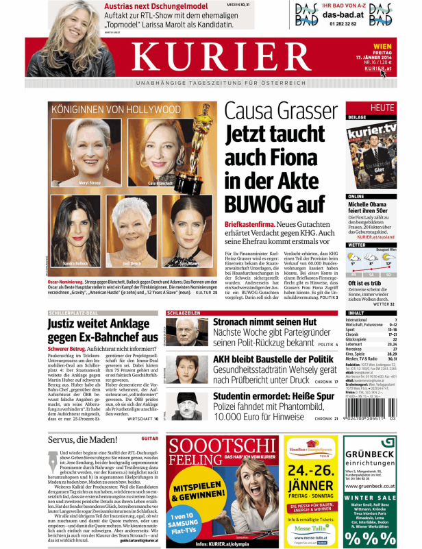 Titelseite des Kurier vom 17. Jänner 2014 mit dem Titel „Königinnen von Hollywood“ und Porträts von Schauspielerinnen.
