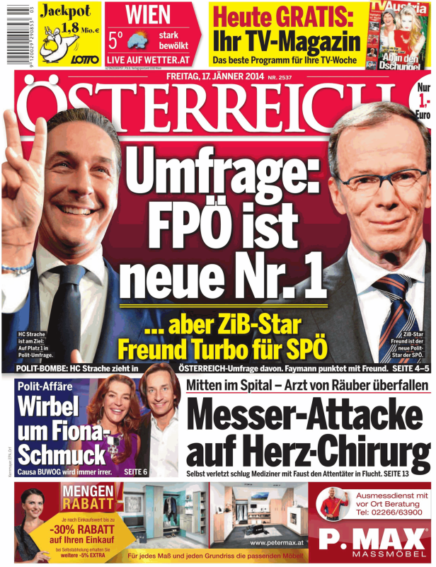 Die Titelseite der Zeitung „Österreich“ vom 17. Januar 2014 mit Schlagzeilen zu Politik und einem Messerangriff.