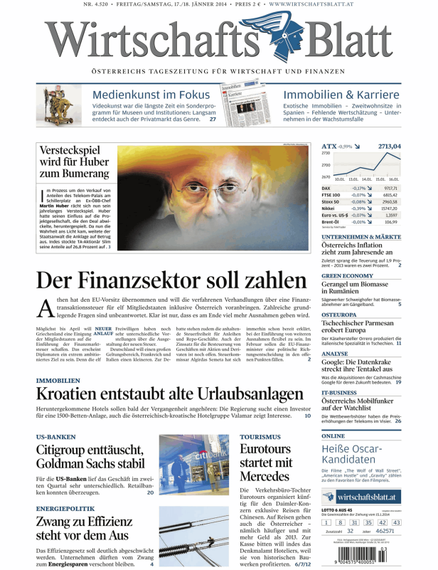 Titelseite des „WirtschaftsBlatt“ vom 17./18. Januar 2014.
