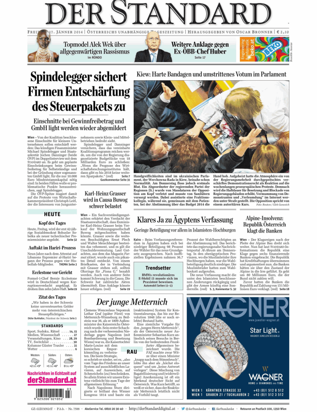 Titelseite der Zeitung Der Standard vom 17. Januar 2014.