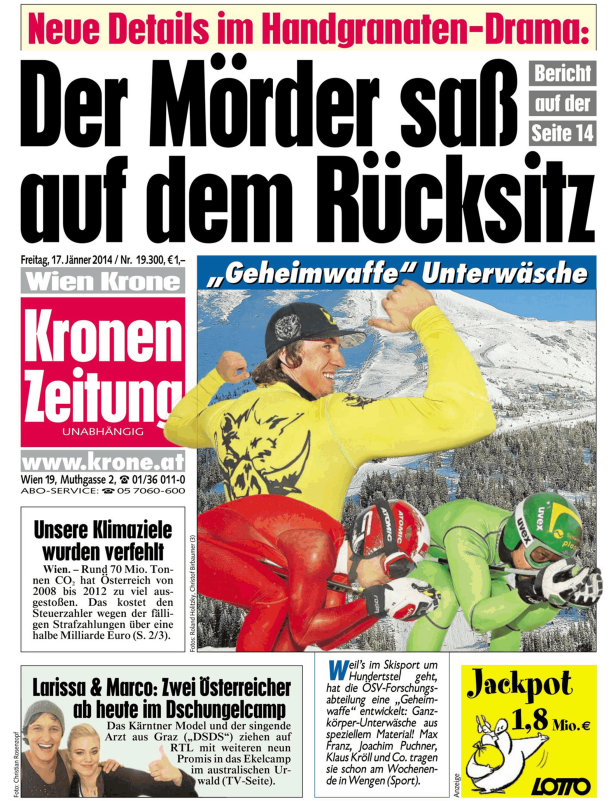 Titelseite der „Kronen Zeitung“ vom 17. Jänner 2014 mit einem Artikel über „Geheimwaffe“ Unterwäsche im Skisport.