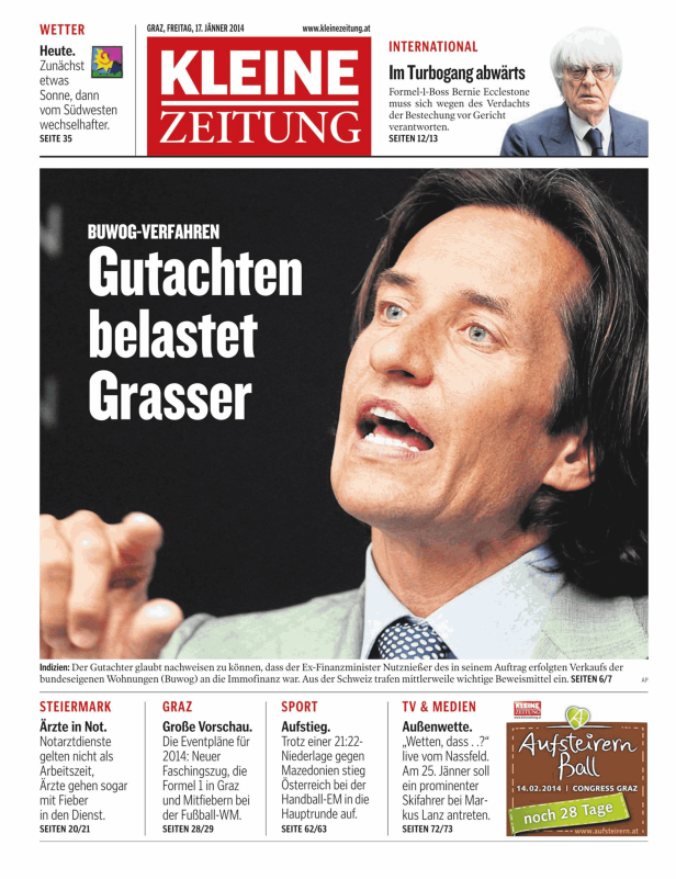 Titelseite der Kleinen Zeitung mit einem Artikel über Karl-Heinz Grasser.