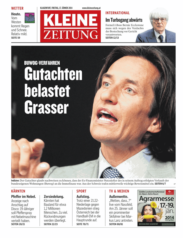 Titelseite der Kleinen Zeitung vom 17. Jänner 2014 mit dem Titel „Gutachten belastet Grasser“.