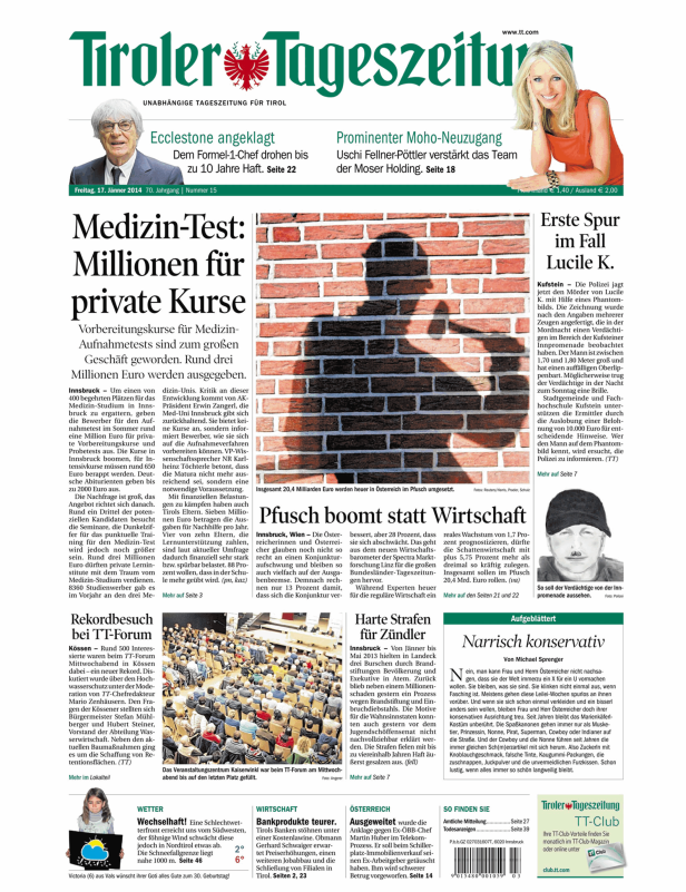 Titelseite der Tiroler Tageszeitung vom 17. Jänner 2014.