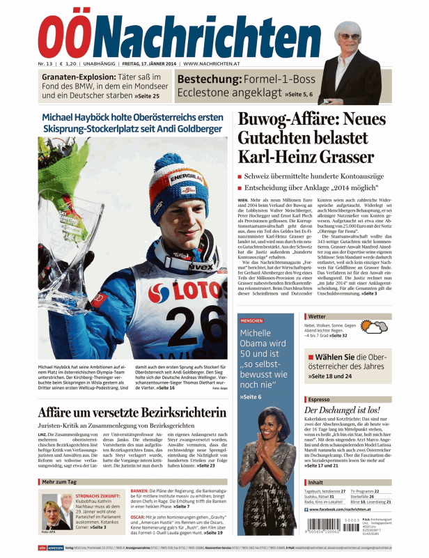 Titelseite der OÖNachrichten vom 17. Jänner 2014 mit Michael Hayböck auf dem Stockerl.