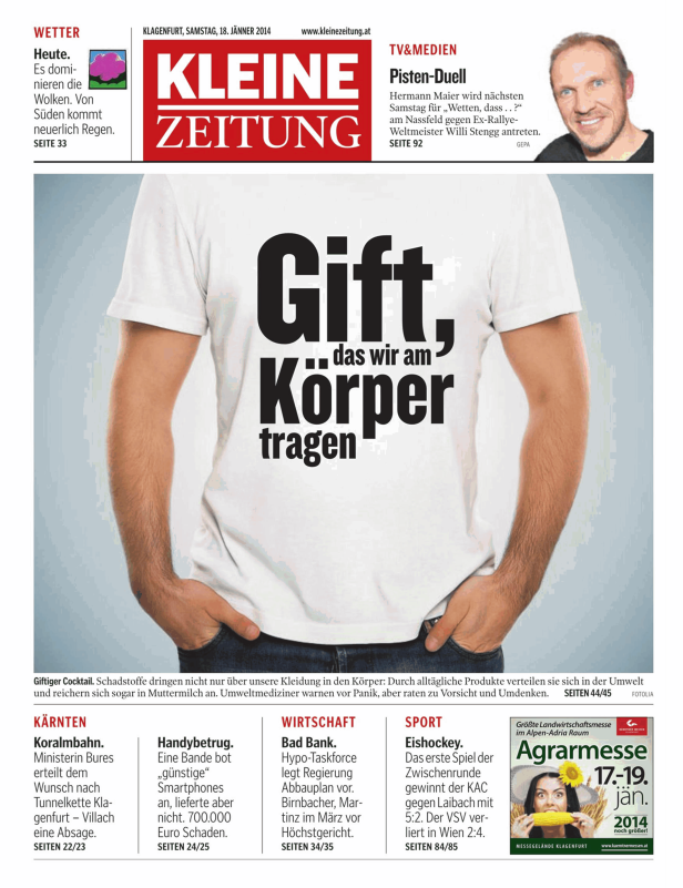 Ein Mann trägt ein T-Shirt mit der Aufschrift „Gift, das wir am Körper tragen“.