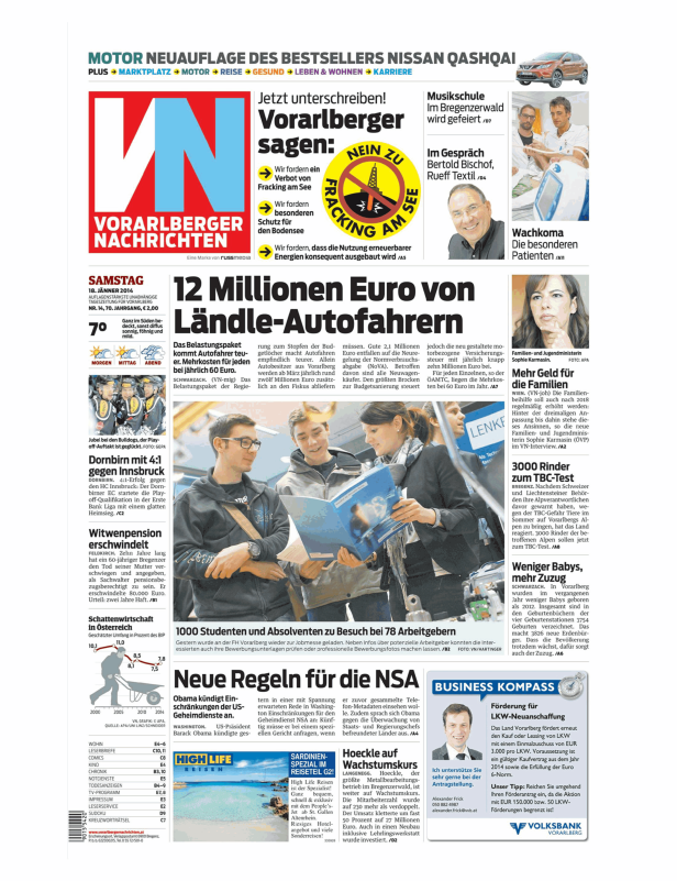 Eine Zeitungsseite der Vorarlberger Nachrichten mit verschiedenen Artikeln und Anzeigen.