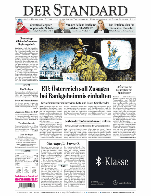 Titelseite der österreichischen Zeitung „Der Standard“ vom 18./19. Januar 2014.