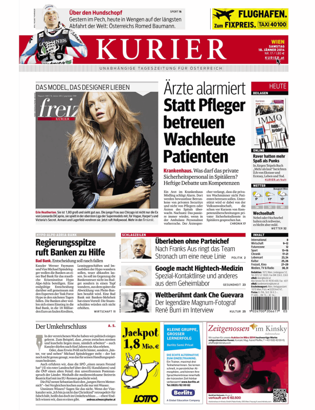 Titelseite der Zeitung „Kurier“ vom 18. Jänner 2014 mit verschiedenen Artikeln und Schlagzeilen.