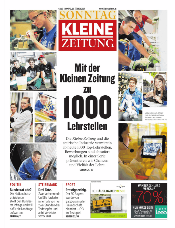 Die „Kleine Zeitung“ wirbt für 1000 Lehrstellen in der steirischen Industrie.