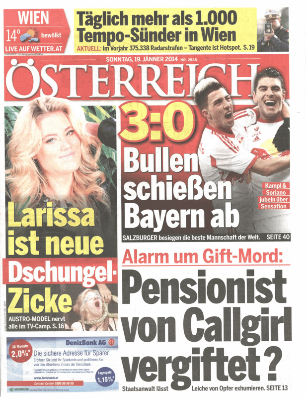 Titelseite der Zeitung „Österreich“ vom 19. Januar 2014 mit Schlagzeilen zu Sport, Wetter und Kriminalität.