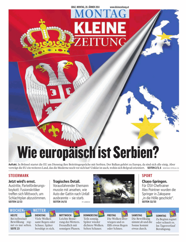 Eine Zeitung zeigt die serbische Flagge, die sich zu einer Europakarte mit EU-Stern verwandelt.