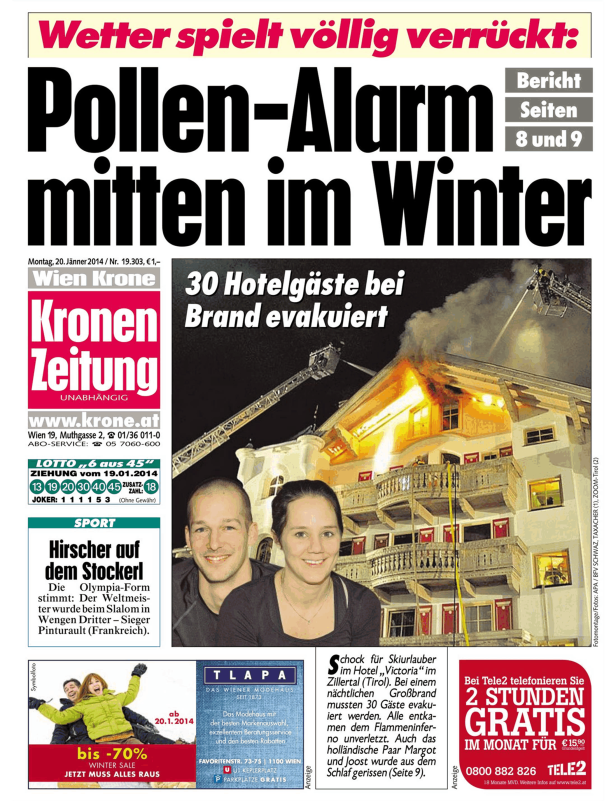 Titelseite der „Kronen Zeitung“ vom 20. Jänner 2014 mit Meldungen zu Pollenalarm und einem Hotelbrand.