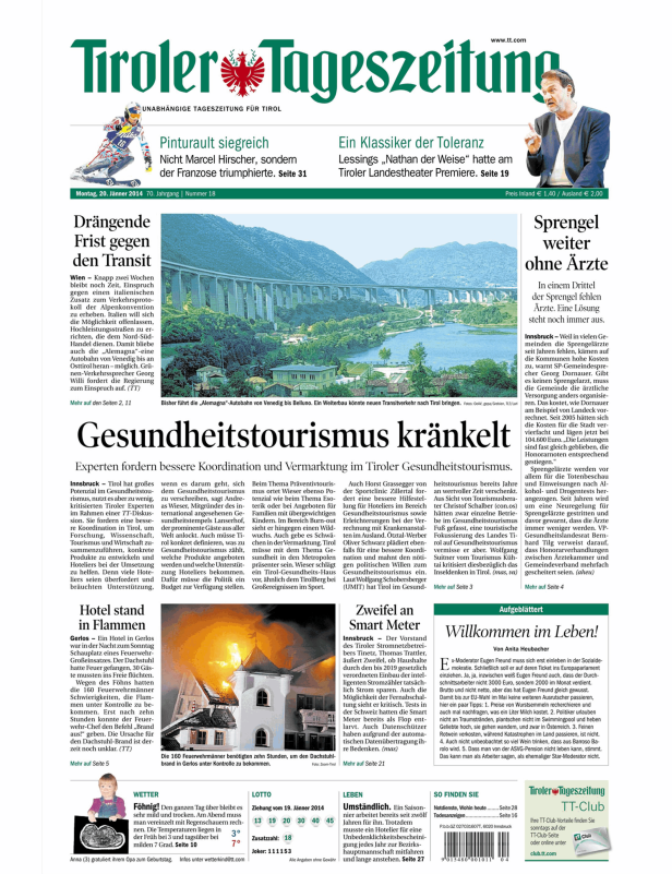 Titelseite der Tiroler Tageszeitung vom 20. Jänner 2014.