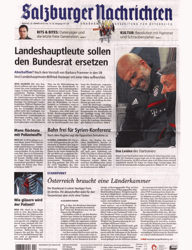 Titelseite der Salzburger Nachrichten vom 20. Jänner 2014.