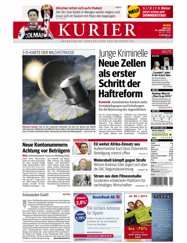 Titelseite der österreichischen Tageszeitung Kurier vom 20. Januar 2014.