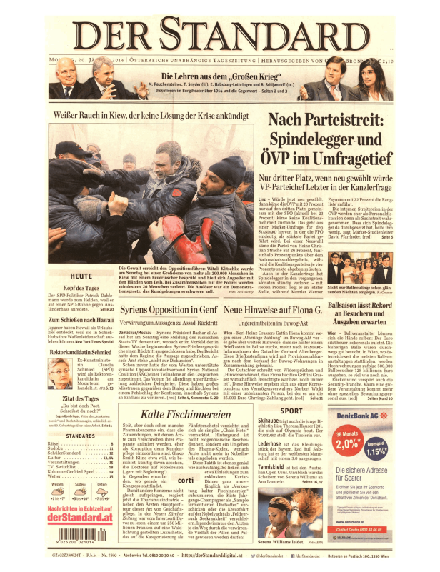 Titelseite der Zeitung Der Standard vom 20. Januar 2014.