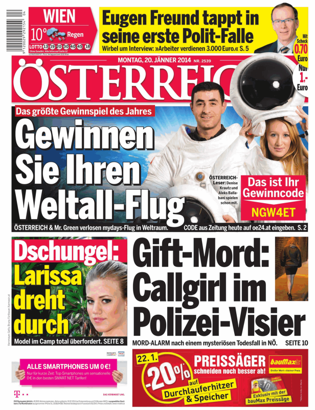 Titelseite der österreichischen Zeitung vom 20. Jänner 2014 mit verschiedenen Schlagzeilen.