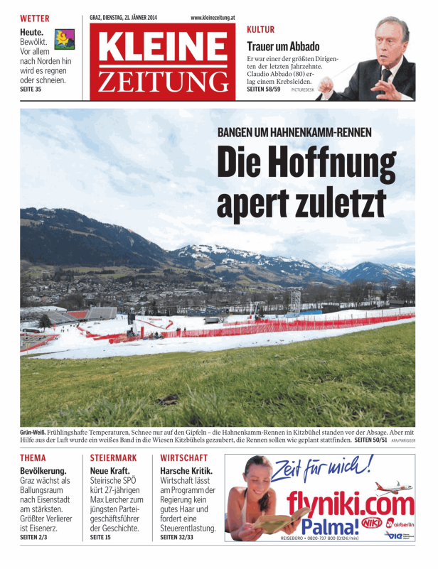 Titelseite der Kleinen Zeitung vom 21. Jänner 2014 mit dem Fokus auf das Hahnenkamm-Rennen.