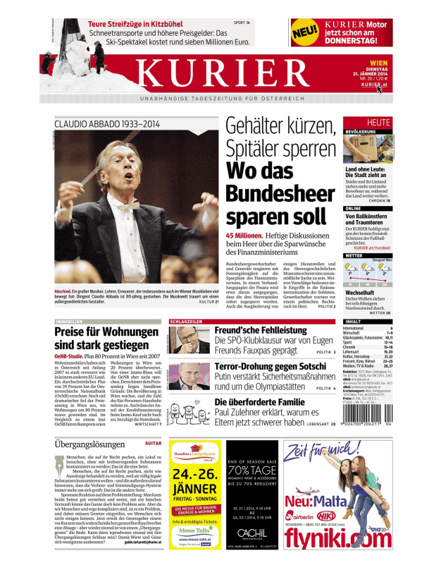Titelseite der Zeitung Kurier vom 21. Jänner 2014.