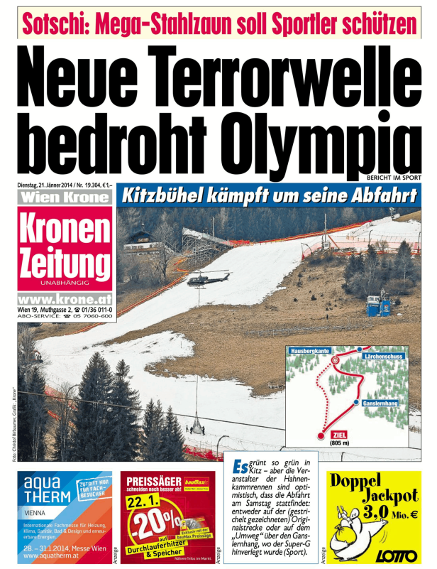 Titelseite der Kronen Zeitung vom 21. Jänner 2014: „Neue Terrorwelle bedroht Olympia“ und „Kitzbühel kämpft um seine Abfahrt“.
