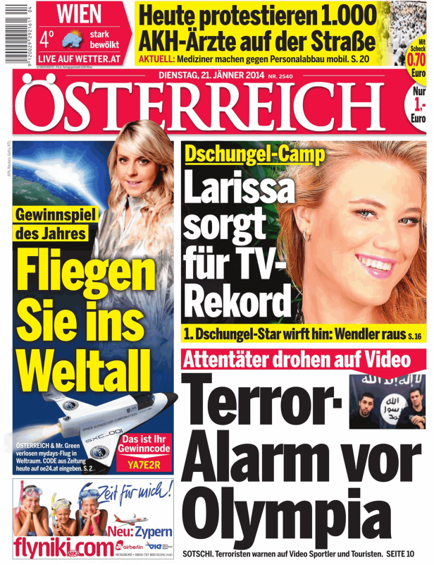 Titelseite der Zeitung „Österreich“ vom 21. Jänner 2014 mit Artikeln zu verschiedenen Themen.