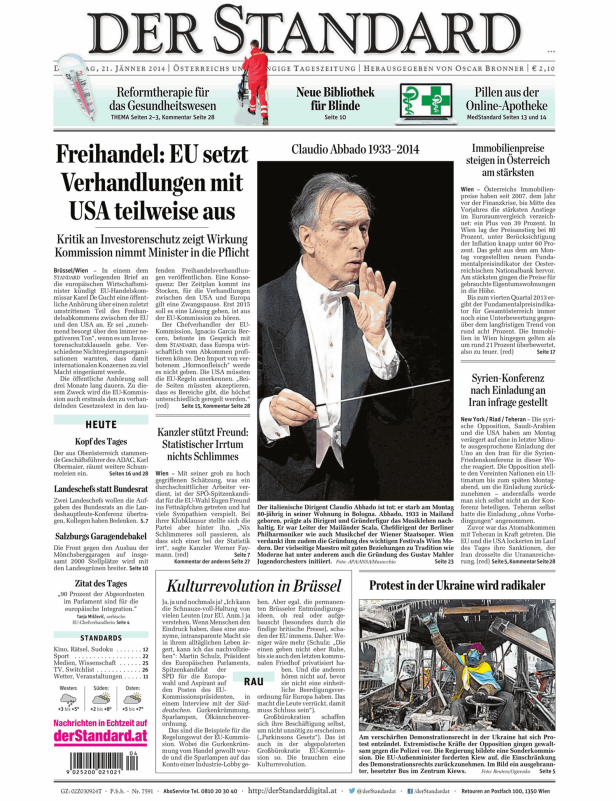 Titelseite der Zeitung „Der Standard“ vom 21. Jänner 2014.