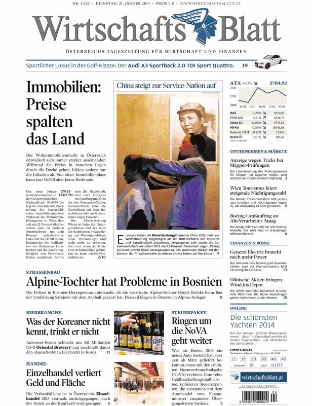 Titelseite des Wirtschaftsblatt vom 21. Jänner 2014.