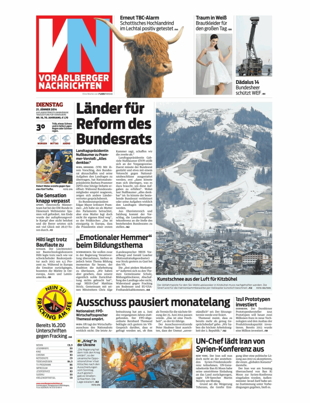 Titelseite der Vorarlberger Nachrichten vom 21. Jänner 2014.