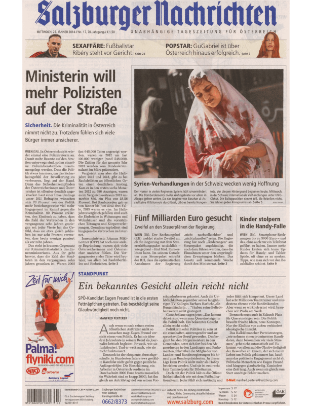 Titelseite der „Salzburger Nachrichten“ vom 22. Jänner 2014.