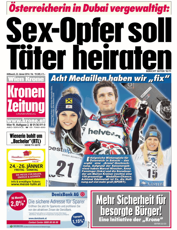 Titelseite der „Kronen Zeitung“ vom 22. Jänner 2014 mit Artikeln über Sport und Kriminalität.