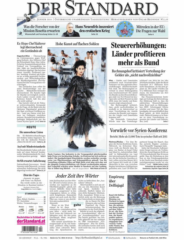 Titelseite der Zeitung „Der Standard“ vom 22. Januar 2014 mit einer Modenschau-Fotografie.